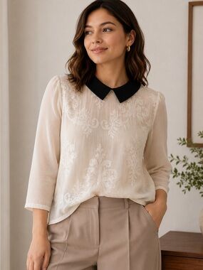 Sandro Paris Ivory Silk Lace Blouse Peter Pan Collar Sheer Romantic Top Size 3